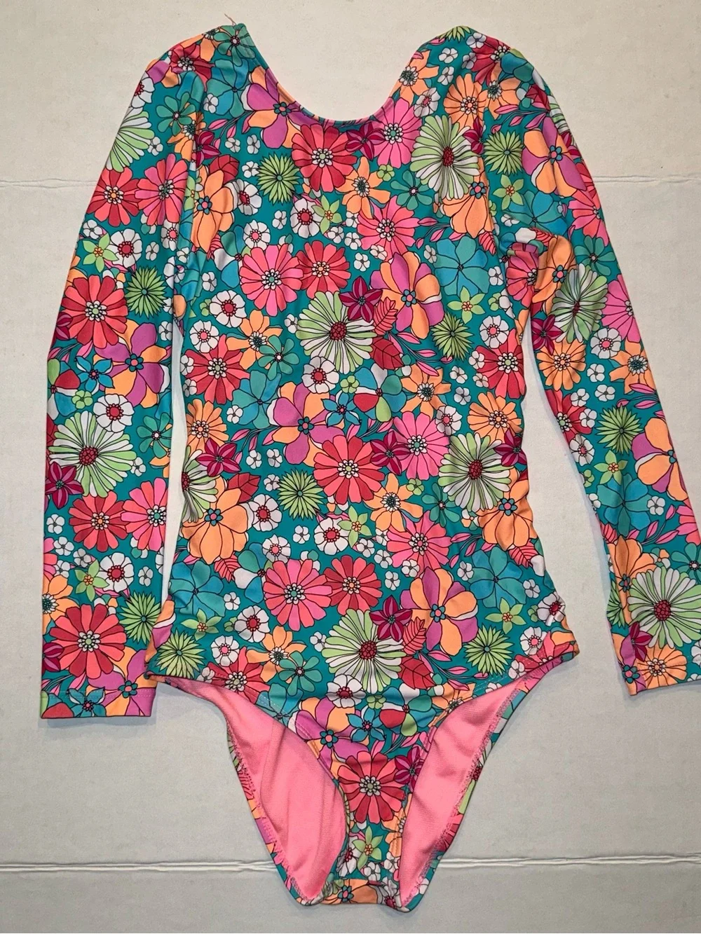 Girls' Floral Long-Sleeve One-Piece Swimsuit - Teal & Pink